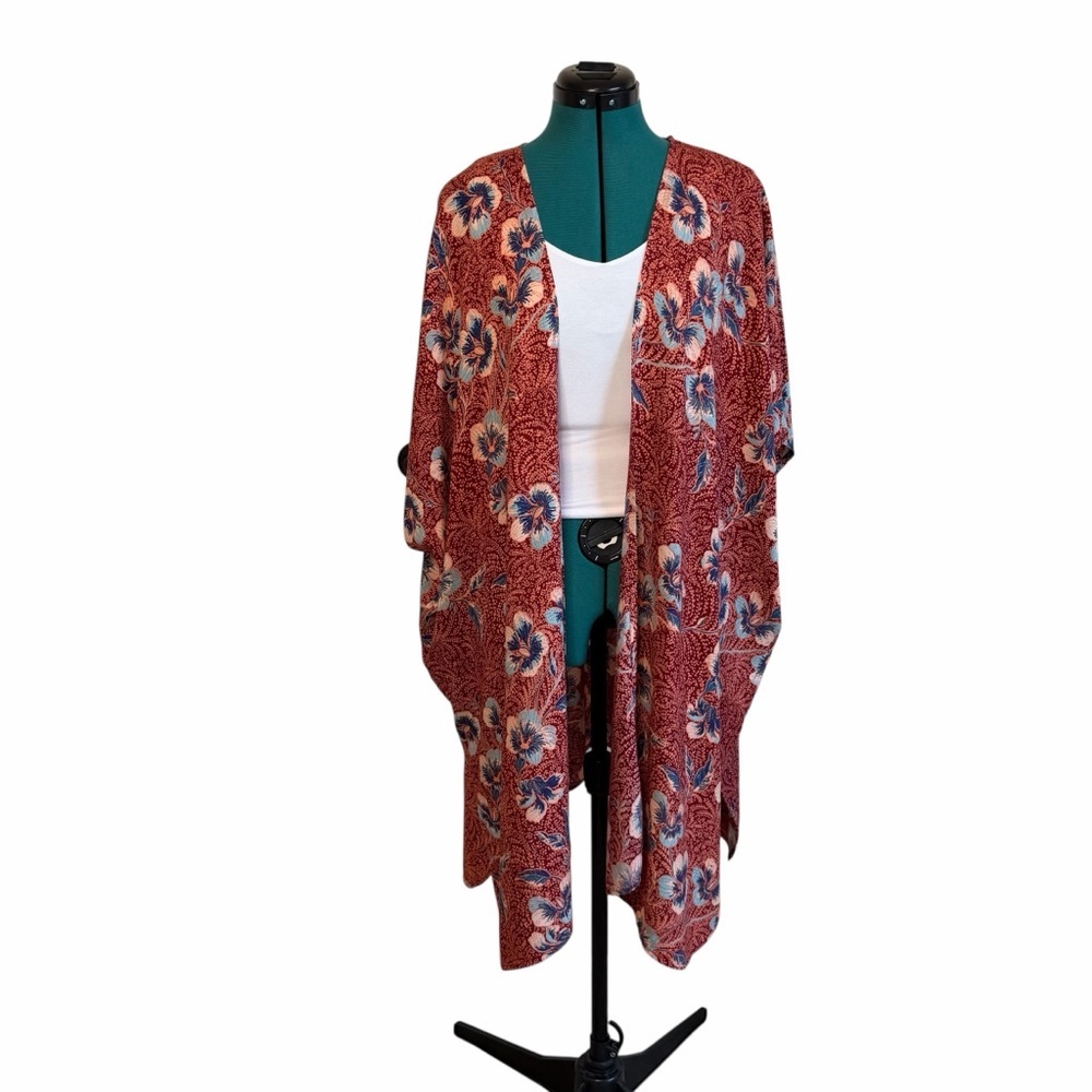 2/$30 Angie Vibrant Red and Blue Floral Tropical Long line Cardigan Kimono